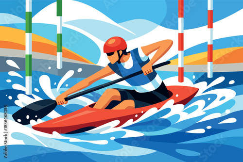 Corporate modern illustration of canoe slalom athlete navigating gates on course.