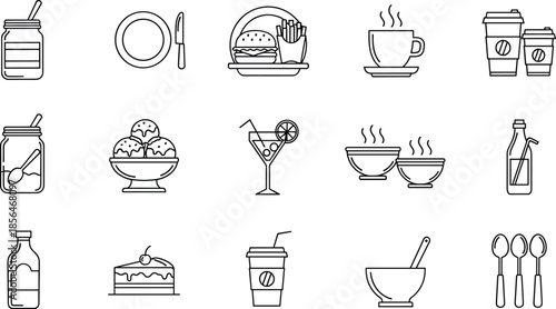 Food and drink line icons set, restaurant tableware beverages desserts, coffee cups bowls bottles, minimal black outline illustration