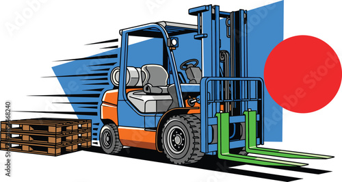 Forklift truck illustration, warehouse logistics equipment, industrial material handling vehicle, pallet lifting machine, cargo transport, flat design artwork