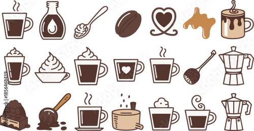 Set of 20 coffee and chocolate icons in outline style with brown and beige colors coffee icons outline icons