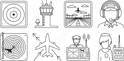 Set of aviation control icons including radar targets control tower airplane and air traffic controllers