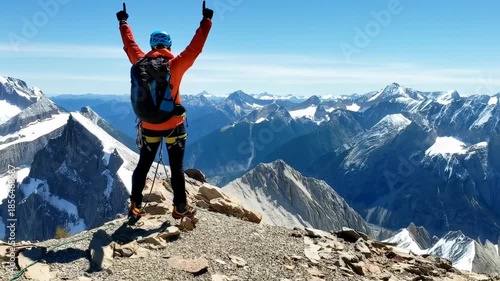 Climber at mountain peak, arms raised, celebrating success, scenic view
