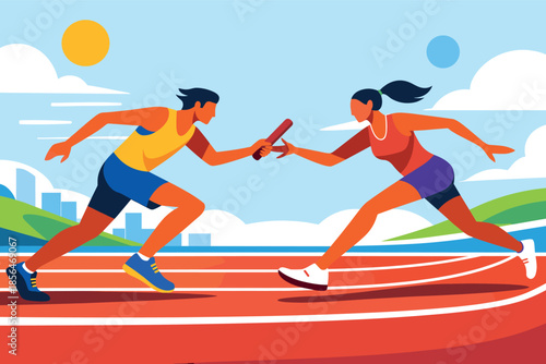 Corporate modern illustration of relay runners passing baton on athletics track.