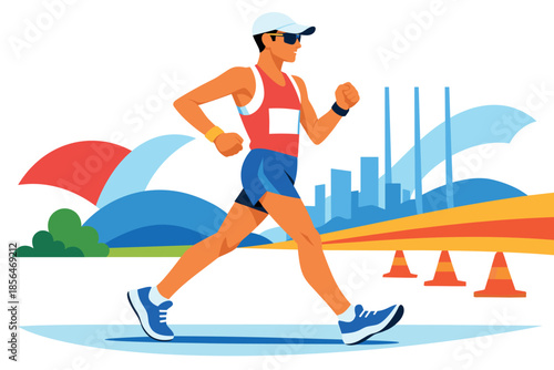 Corporate modern illustration of race walker moving with correct walking technique.