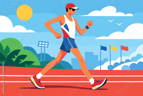 Corporate modern illustration of race walker moving with correct walking technique.