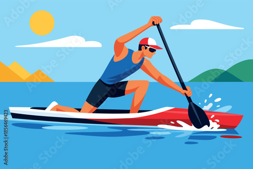 Corporate modern illustration of canoe sprint athlete paddling forward on flat water.