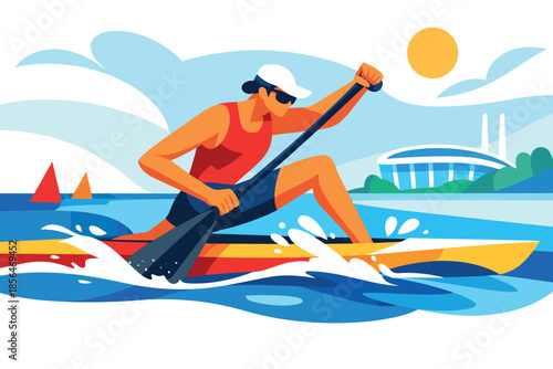 Corporate modern illustration of canoe sprint athlete paddling forward on flat water.