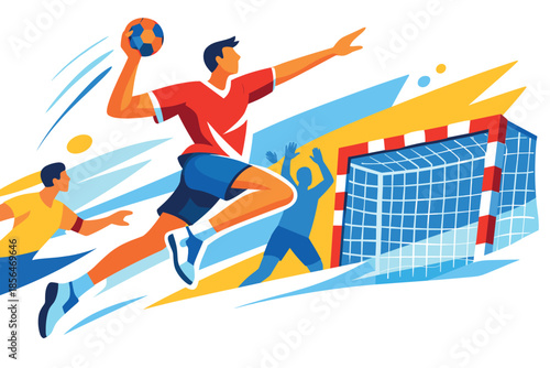 Corporate modern illustration of handball player jumping and throwing ball toward goal.