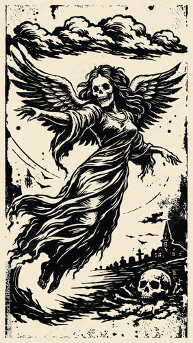 Vintage Woodcut Style Angel of Death Flying Over Graveyard