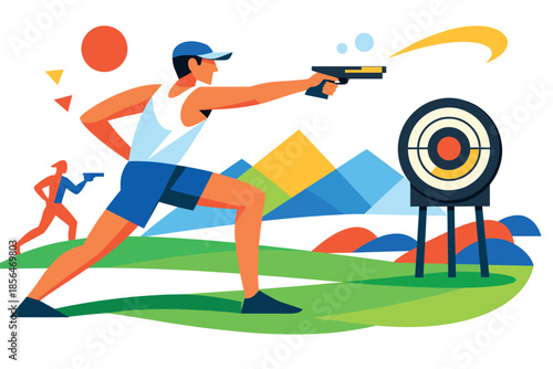 Corporate modern illustration of modern pentathlon athlete shooting pistol at target.