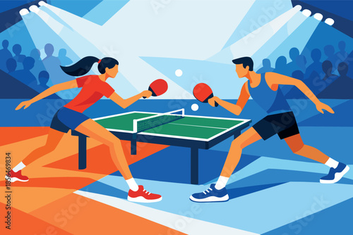 Corporate modern illustration of table tennis players rallying at table in match.