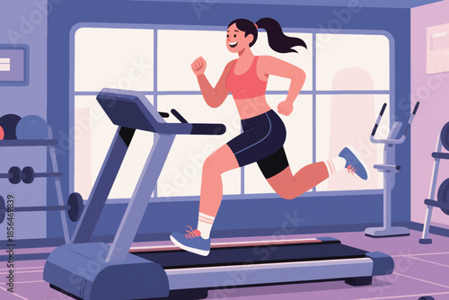 Woman running on a treadmill in a bright gym with fitness equipment in the background. A focused moment of indoor exercise.