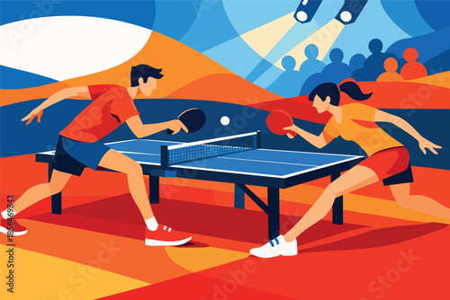 Corporate modern illustration of table tennis players rallying at table in match.