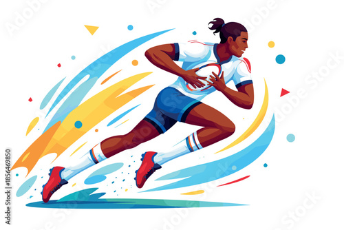 Corporate modern illustration of rugby sevens player sprinting with ball.