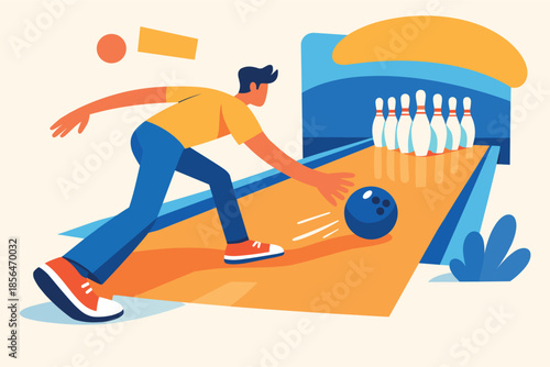 Corporate modern illustration of bowling player rolling ball toward pins.