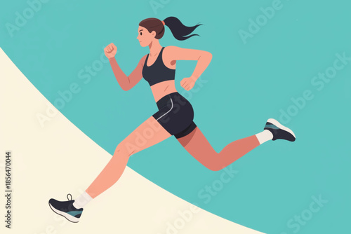 Person running in athletic gear against a dynamic teal and white background. A bold moment of fitness and motion.