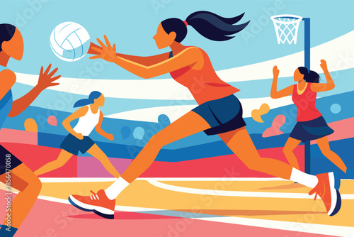 Corporate modern illustration of netball player passing ball in team match.
