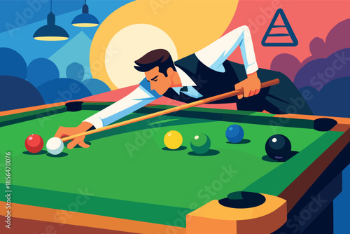 Corporate modern illustration of snooker player aiming precise shot on table.