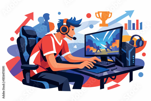 Corporate modern illustration of esports player competing at computer gaming setup.