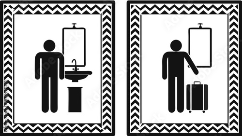 Flat vector illustration of traveler using airport signs for washroom and luggage