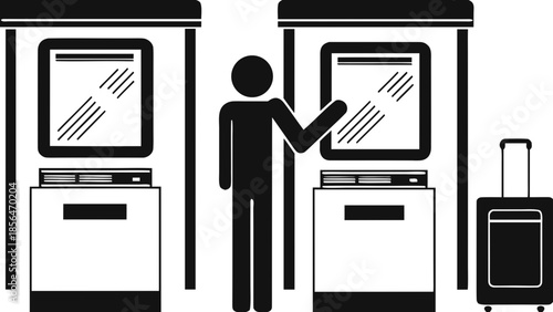 Flat illustration of person using self service kiosk at airport with luggage