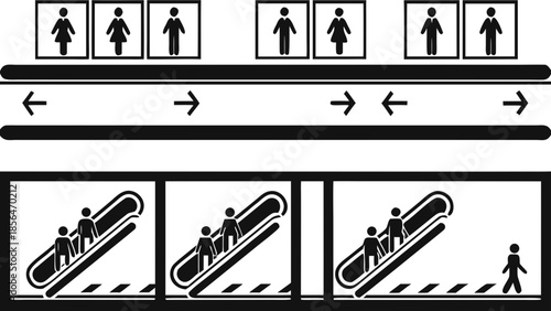 Flat vector illustration of moving walkway inside, people using escalators and walkways