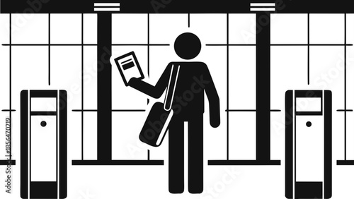Flat vector illustration of traveler scanning boarding pass at airport gate with luggage