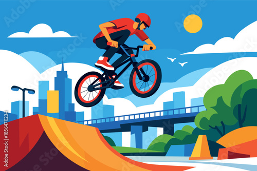 Corporate modern illustration of BMX rider performing aerial jump over ramp.