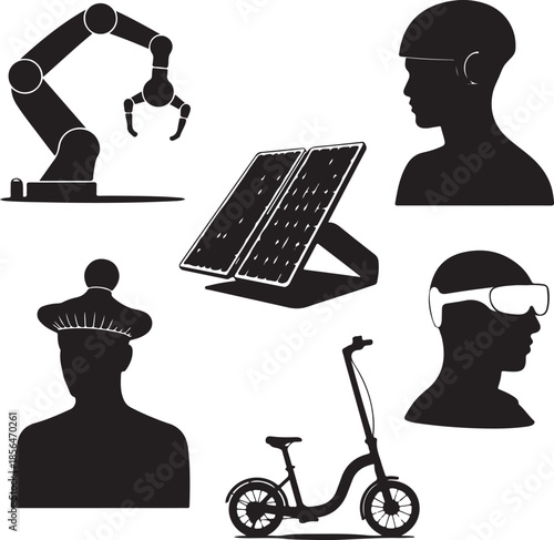 Modern technology and renewable energy icons with silhouettes of people
