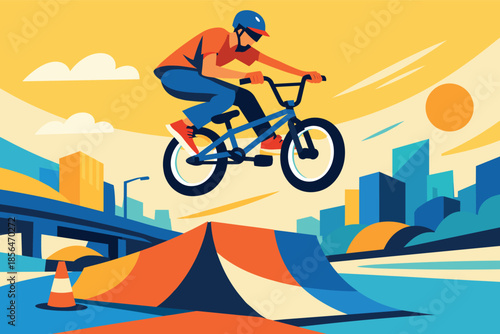 Corporate modern illustration of BMX rider performing aerial jump over ramp.