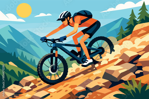 Corporate modern illustration of mountain biker riding downhill trail with speed.
