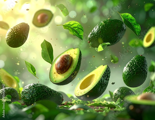 Floating avocado halves and whole fruits with leaves against a green backdrop