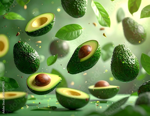 Floating avocado halves and whole fruits with leaves against a green backdrop (1)