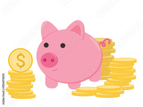 Piggy bank surrounded by stacks of gold coins. Savings, preservation, and growth of funds concept. Vector graphics