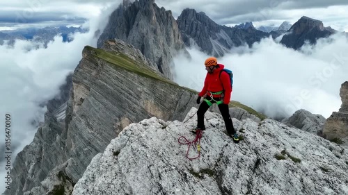 Climber on a mountain ridge with gear, against a backdrop of clouds and peaks