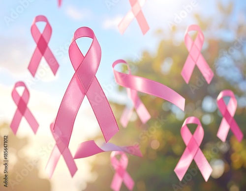 Floating pink ribbons symbolize solidarity, support for cause