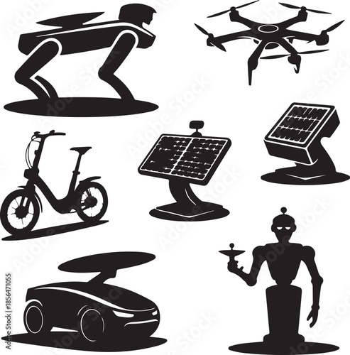 Futuristic technology and renewable energy icons isolated on transparent background