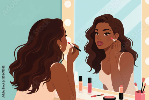 Person applying blush in front of a mirror with makeup tools on a vanity table. A glamorous moment of self care.