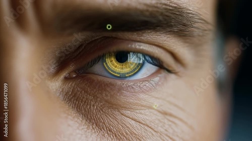 An engaging exploration of a striking eye featuring vibrant blue and yellow hues. This captivating detail brings to life the beauty of iris patterns and colors, showcasing artistic expression