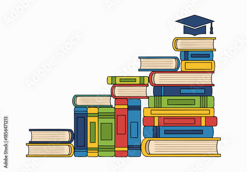 Educational journey and academic success symbolized by a staircase of diverse books leading to a graduation cap, representing growth and intelligent learning