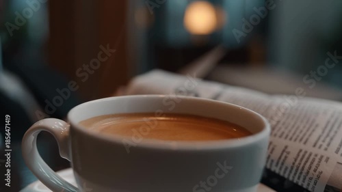 A person relaxes in a cozy cafe, enjoying a warm cup of coffee and reading the newspaper. Soft light fills the space, creating a calm morning atmosphere