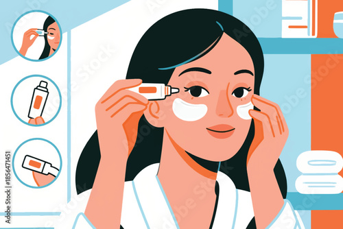 Woman applying serum and eye cream in a bathroom, with skincare steps shown in circular insets. A calm moment of beauty care.
