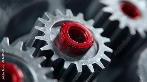 Observe intricate gray gears with striking red centers stacked together. This detailed view showcases the precision and craftsmanship in mechanical engineering