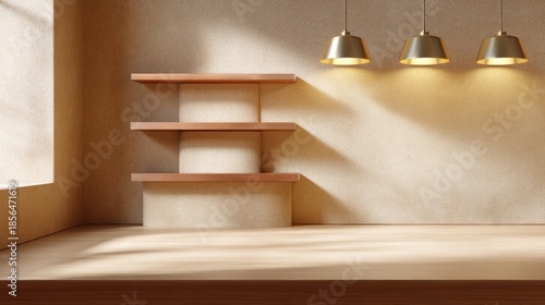 Modern Interior Design Featuring Shelves and Pendant Lights in Minimalist Space