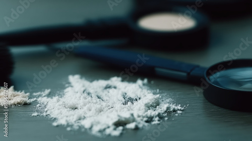 Pile of white powder on classroom desk near magnifying glass and brush suggesting police investigation of crime scene with tension