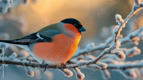 Bullfinch perched on a frost covered branch in soft winter light creating a calm colorful wildlife scene of cold season beauty and quiet nature
