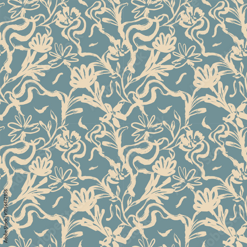 Artistic brushstroke floral seamless pattern with minimalist hand-drawn flowers. Organic botanical vector background in teal and beige for elegant textile and boutique packaging.