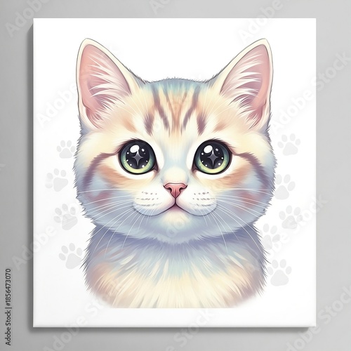 Adorable and Whimsical Illustration of a Charming Kitten with Big, Sparkling Green Eyes and Soft Fur, Perfect for Child-Friendly Designs and Animal Lovers