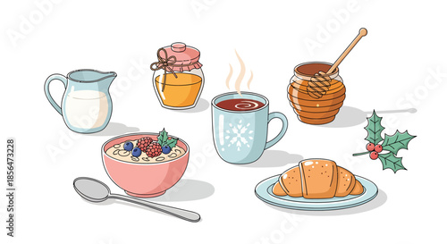 Cozy breakfast spread with croissant, cereal, and hot coffee