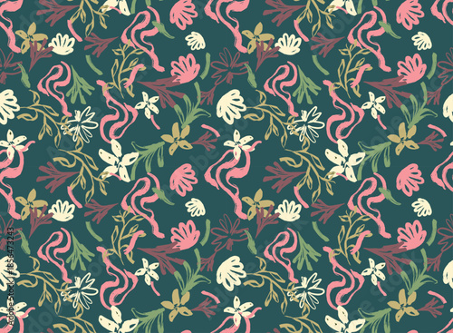 Abstract spring floral seamless pattern with hand-painted brushstroke flowers on dark teal background. Romantic botanical vector print for textile, wallpaper and organic branding.